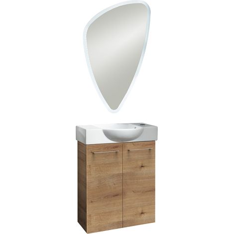 Fackelmann SBC MILANO Gäste WC Set 3-teilig 55 cm, Braun hell, 2 Türen, Keramik Hahnloch rechts + LED-Spiegel"-"90060145 (1/4)