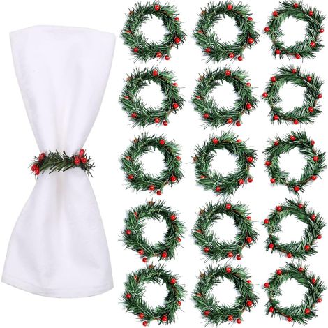 20 Pièces Ronds de Serviette de Noël, Porte-Serviettes Holly Berry Boucle de Serviette Rustique Mini Couronne de Bougies pour Déjeuner de Noël Action De Grâces Nouvelle Année Tableau Décoration (1/5)