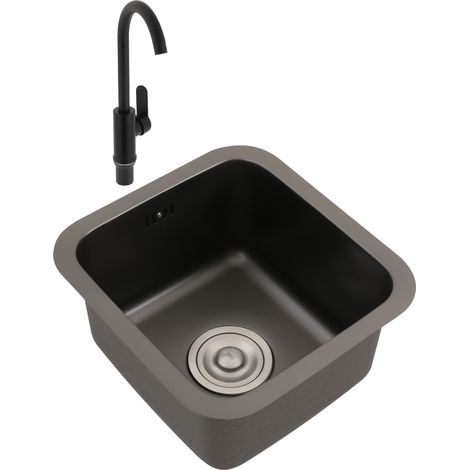 【Chauffage et ventilation】Évier gris foncé avec robinet, évier en inox pivotant à 360°, évier simple encastrable, avec raccordements pour l'eau chaude et l'eau froide, évier de cuisine, 35 x 33 cm (1/5)