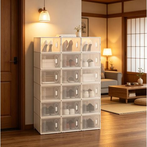 Lote de 18 cajas de zapatos apilables con apertura frontal, plástico transparente y blanco (1/5)
