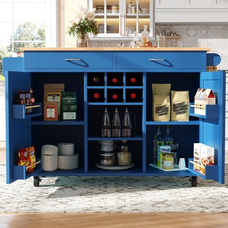 Îlot central de cuisine bleu (102×45×92 cm), meuble de rangement en bois, desserte à roulettes, table de salle à manger multifonction avec étagères, buffet pour vaisselle et ustensiles. (1/5)