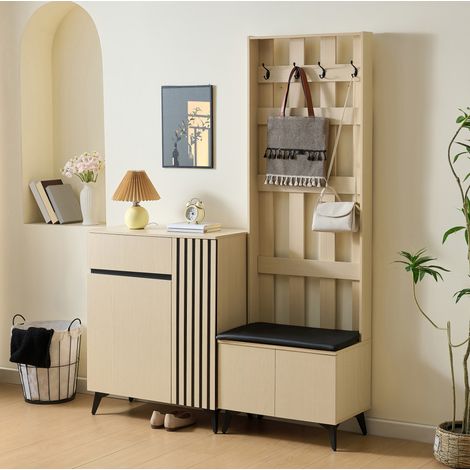 Vestiaire d'entrée moderne avec banc, porte-manteaux et buffet, rangement modulable, MDF finition bois clair (1/5)