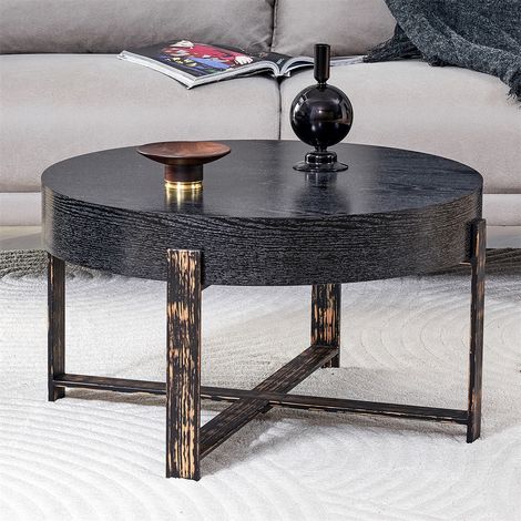 Table Basse Ronde Noire - Ø 68x39cm - Bout de Canapé Moderne avec Pieds Cruciformes en Métal et Grain de Bois - Noir (1/5)