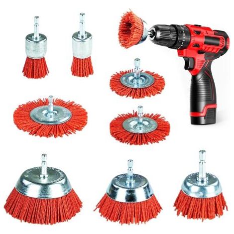 Lot de 8 brosses en nylon pour perceuse - Brosse en nylon avec tige hexagonale de 1/4" - 8 tailles - Brosses de fil abrasif en nylon pour enlever la peinture à la corrosion de la rouille - Brosses en (1/5)