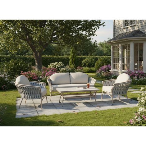 Gartenmöbel-Set für 4 Personen aus beigem Aluminium mit Schnur und einem Couchtisch – ROTINIA