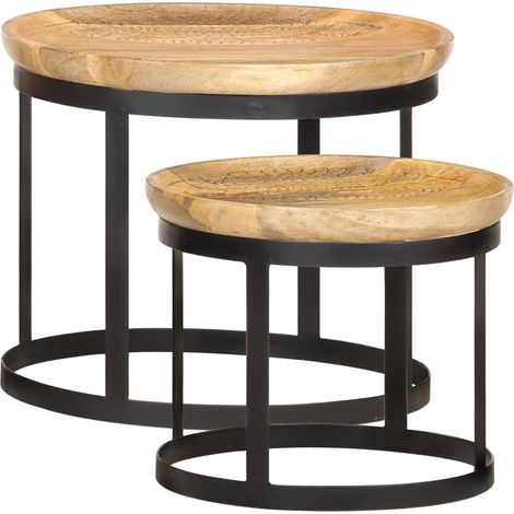 Tables d'appoint rondes 2 pcs Bois de manguier solide et acier