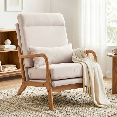 Fauteuil en lin crème rembourré, grand fauteuil confortable avec support lombaire et haut dossier, 64x86x93 cm, parfait pour salon ou chambre d'appoint