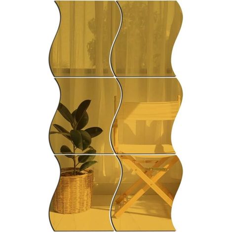Stickers muraux miroir 3D en acrylique imperméable, 6 pièces par paquet, motif vague, stickers de décoration murale pour la maison, or, 1210cm. (1/5)