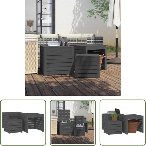 The Living Store Ensemble de boîtes de jardin 3 pcs gris bois de pin massif - Coffre De Jardin - Meuble De Jardin - Rangement Exterieur - Coffre De Rangement - Bois De Pin (1/5)