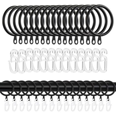 Lot de 40 anneaux de rideau en métal et 40 crochets en plastique - Avec crochets - Pour fenêtre, porte, rideau de douche - Diamètre intérieur : 30 mm - Noir (1/5)