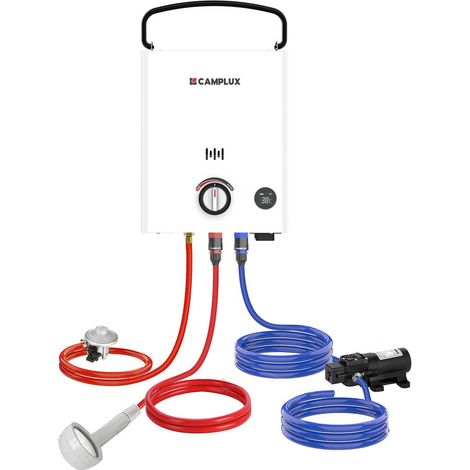 CAMPLUX First Serie Gas-Wassererwärmer 5L/min, Propan-/Butangas-Durchlauferhitzer LED-Display - F5 Pro - Butan (28-30 mbar)/Propan (37 mbar) - Mit Wasserpumpe