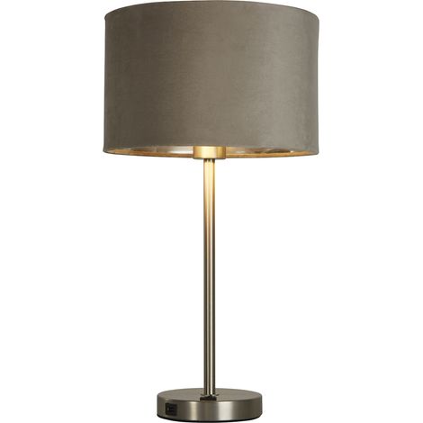 Lampada da tavolo USB Finn - Metallo nichel satinato e paralume in velluto tortora (1/4)