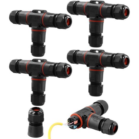 Lot de 4 boîtes de jonction étanches IP68, connecteur de câble à 3 voies, connecteur de câble en forme de T, adapté aux câbles de 3 à 12 mm (1/5)
