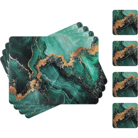 Sets de Table pour la Salle à Manger avec Une Texture de marbre et Une Base en liège Souple - Sets de Table résistants à la Chaleur, Set de 4, Vert, 41x31cm avec Dessous de Verre (1/5)