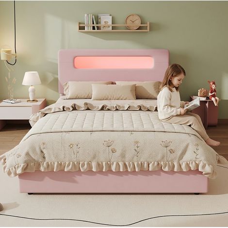 Cama infantil 140x200 cm de terciopelo rosa, almacenaje para dormitorio, sin colchón FloraGrace (1/5)