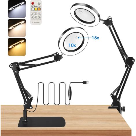 Lampe Loupe Bureau 2 en 1 Grossissement 10x/15x 3 Couleurs Lumière Luminosité Réglable Support Pince Lecture Réparation Bricolage (1/5)