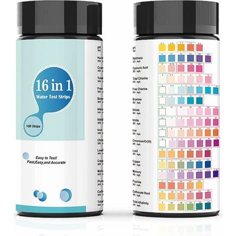 Kits de Analyse de l'Eau de Piscine, 100 Bandelettes 16 en 1, Kits de Test d'Eau pour Eau Potable et Puits, Bandelettes de Test d'Eau avec Dureté, PH, Plomb, Fer, Cuivre, Chlore, et Plus Encor (1/5)