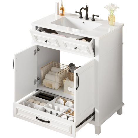CHICFURN Mueble bajo lavabo 77 x 46 x 86 cm, MDF blanco, lavabo cerámico y 9 compartimentos (1/5)