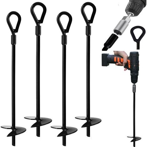 4 pièces Ancrage au sol, 38,1 cm, acier massif, peinture poudre noire, pour balançoire trampoline tente abri de jardin (1/4)