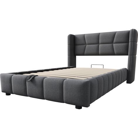 Letto imbottito singolo 90 x 200 cm con rete, contenitore e testiera, grigio MODENUIT (1/5)