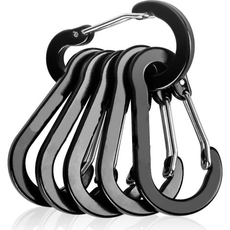 Mosquetón multiusos para pesca CC1, paquete de 6 mosquetones pequeños, mini mosquetón llavero de 5 cm, mosquetones de aluminio con anilla en D, color negro. (1/5)