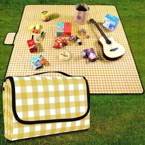 Couverture de Pique-Nique Tapis de Plage Imperméable 200 × 200cm, Lavable à Carreaux avec Poignée,jaune