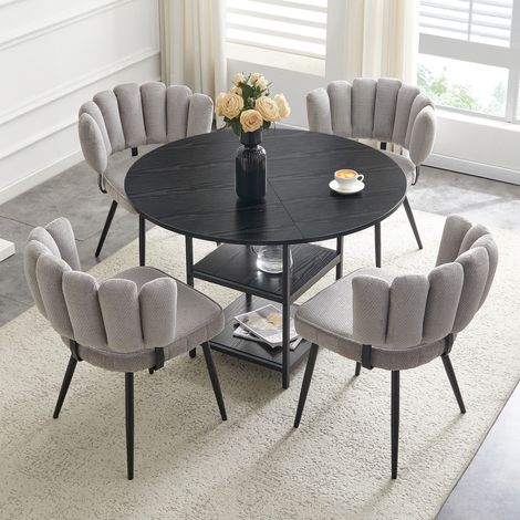 Conjunto de comedor redondo 107 cm con doble almacenaje y 4 sillas grises de tela (1/5)