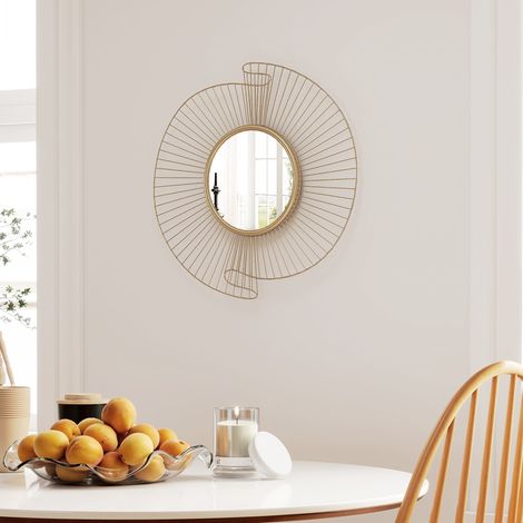 Espejo decorativo redondo de 60 cm con soporte giratorio de 360°, decoración de pared moderna de metal con detalles plisados, color dorado.