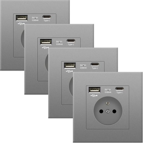4er Pack Wandsteckdosen mit USB & Typ-C, 5V 2,1A, Universelle Steckdose mit Überlastschutz, 86 mm, Grau (1/5)