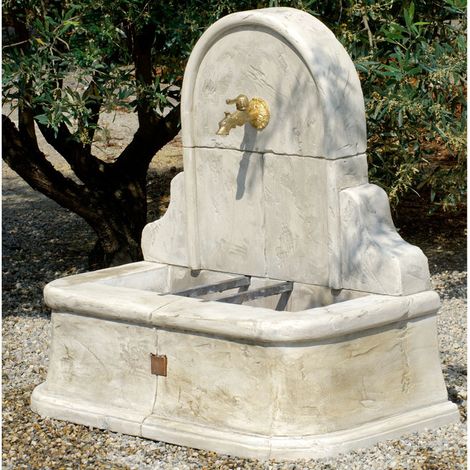 Habitat Et Jardin – Fontaine de jardin en pierre reconstituée beige – Dimensions 1.00 x 0.53 x 0.94 m – Bac avec trou d'évacuation – Fronton décoratif