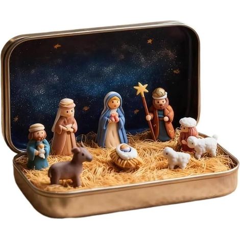 Mini-Krippe aus Metallbox, handgefertigte 3D-Harzfigur von Jesus, Weihnachtsdekoration für den Innenbereich.