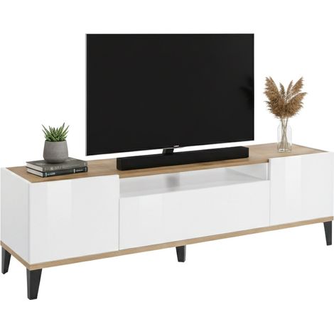 Dmora - Mobile porta TV Argentoro, Credenza bassa da soggiorno a 2 ante, Base porta televisione, 100% Made in Italy, cm 160x40h47, Bianco lucido e Acero
