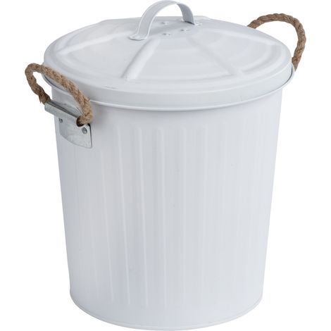 Wenko – Poubelle de salle de bain 6L en métal blanc – Design rétro avec couvercle amovible et poignées en rotin – Dimensions 24x28,5cm