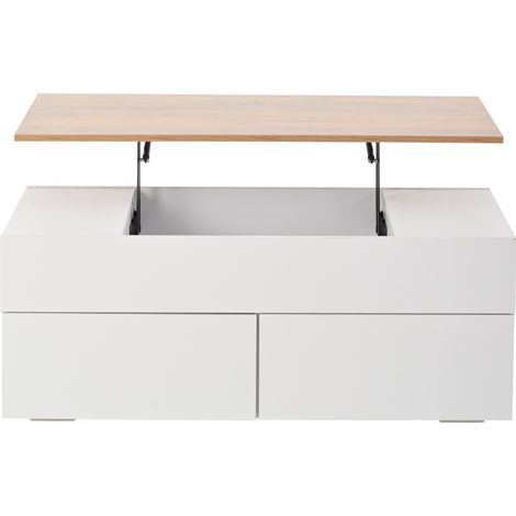 Table basse relevable 100 x 50 x 40 cm avec rangement dissimulé, table de salon avec 2 tiroirs, table d'appoint avec rangement semi-ouvert, blanche + couleur bois (1/5)