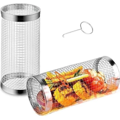 2 paniers à griller en acier inoxydable, panier rotatif à 360° pour grillades en extérieur, accessoires de barbecue pour divers aliments, cadeau d'anniversaire pour hommes, pères (FMY) (1/4)