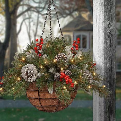 Artificial Christmas Hanging Basket with Frosted Pine Cone (1/5)