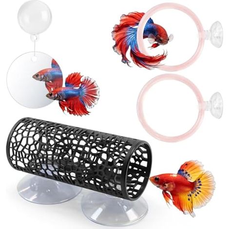 Betta Fish Toys, 1 hamac tunnel à poissons Betta, 1 miroir à poisson avec balle flottante et 2 anneaux d'entraînement d'exercice, accessoires pour aquarium Betta (1/5)