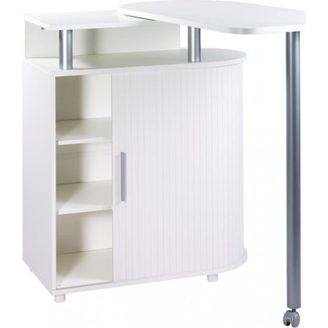 Beaux Meubles Pas Chers – Table mange-debout blanche pivotante sur roulettes – Dimensions fermée 110x55cm, dépliée 145x55cm – Meuble gain de place avec rangement intégré (1/5)