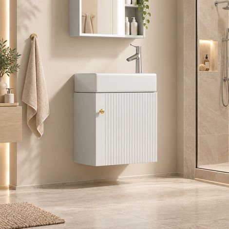 Meuble salle de bain suspendu 46 cm avec vasque céramique, meuble sous vasque blanc MDF, façade en relief, Soft-Close, profondeur 26 cm (1/5)