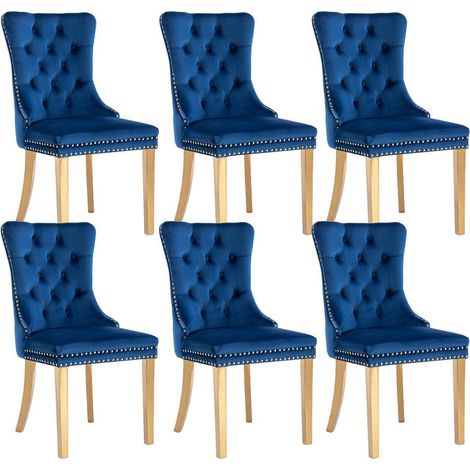 Esszimmerstühle 6er Set Samt Blau mit hoher Rückenlehne und goldenen Edelstahlbeinen (1/5)