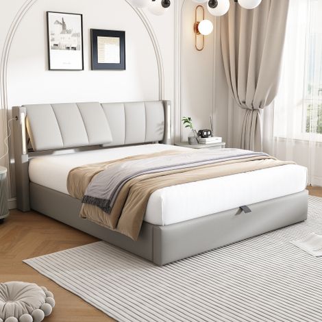 LED Upholstered Hydraulic Double Bed 4ft6 with USB Port Storage Space Adjustable Headboard in Grey