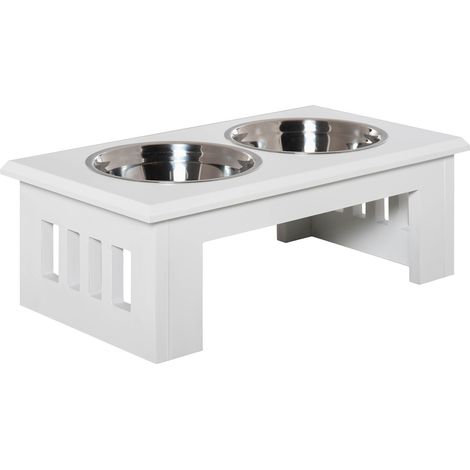 Mangiatoia rialzata per cani con 2 ciotole in acciaio inox, MDF bianco 58,4 x 30,5 x 25,4 cm (1/5)