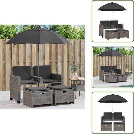 vidaXL Gartensofa 2-Sitzer Sonnenschirm und Hocker Grau Poly Rattan (1/5)