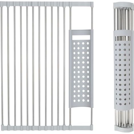 Égouttoir à vaisselle en inox enroulable et pliable, gris, 46 x 33 cm – se pose sur le plan de travail pour assiettes, fruits et légumes (1/4)