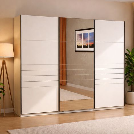 Guardarropa Grande Tures, Ropero Dormitorio con Perchero, 2 Estantes, Puertas Corredizas, 267x217h cm Blanco Mate (1/5)