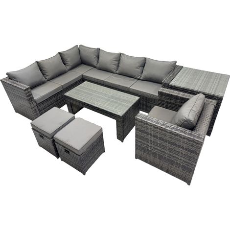 Fimous 7 Pieces Outdoor PE Rattan Garden Furniture Corner Sofa Oblong Coffee Table Set with Cushions 2 Small Stools Side Table Dark Grey Mixed (1/5)