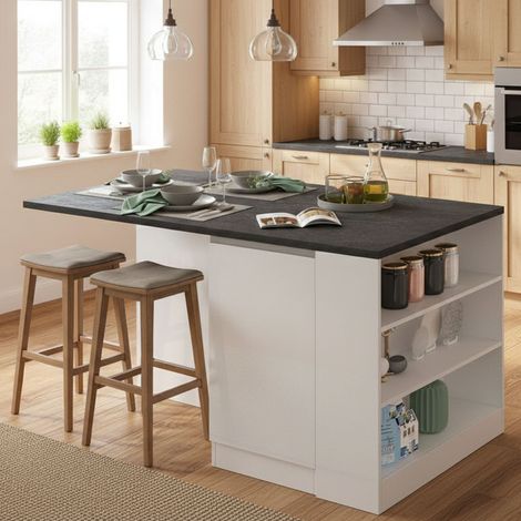 Dmora - Isla de cocina Osvaldo, mesa auxiliar de almacenaje, 100% Made in Italy, 160x90h90 cm, Blanco brillo y pizarra, con embalaje reforzado (1/5)