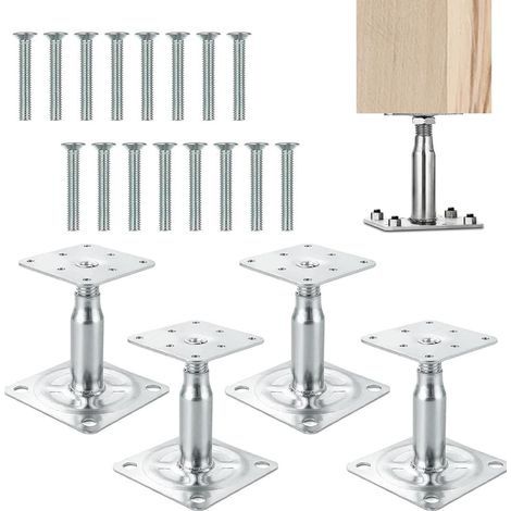 Lot de 4 supports de poteau réglables en hauteur avec 16 vis galvanisées 100-150 mm Support de poteau à visser sur film galvanisé épais passivé (1/5)