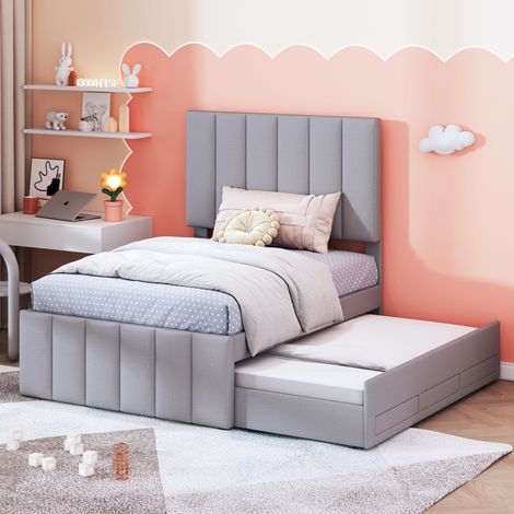 Lit simple gris 90x200 cm avec tiroirs de rangement et lit coulissant, rembourrage en lin doux pour la peau, lit pour enfant, adolescent ou invité