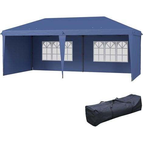 Tente pliante pop-up 6 x 3 m avec 4 côtés détachables, tonnelle de jardin avec 2 fenêtres et sac de transport, bleue (1/5)